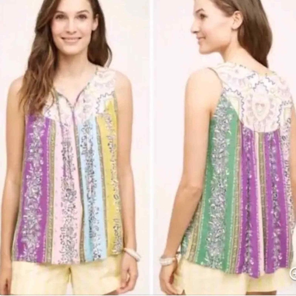 ANTHROPOLOGIE One September Larkspur Tank Embroidered Boho Patchwork Blouse Top
